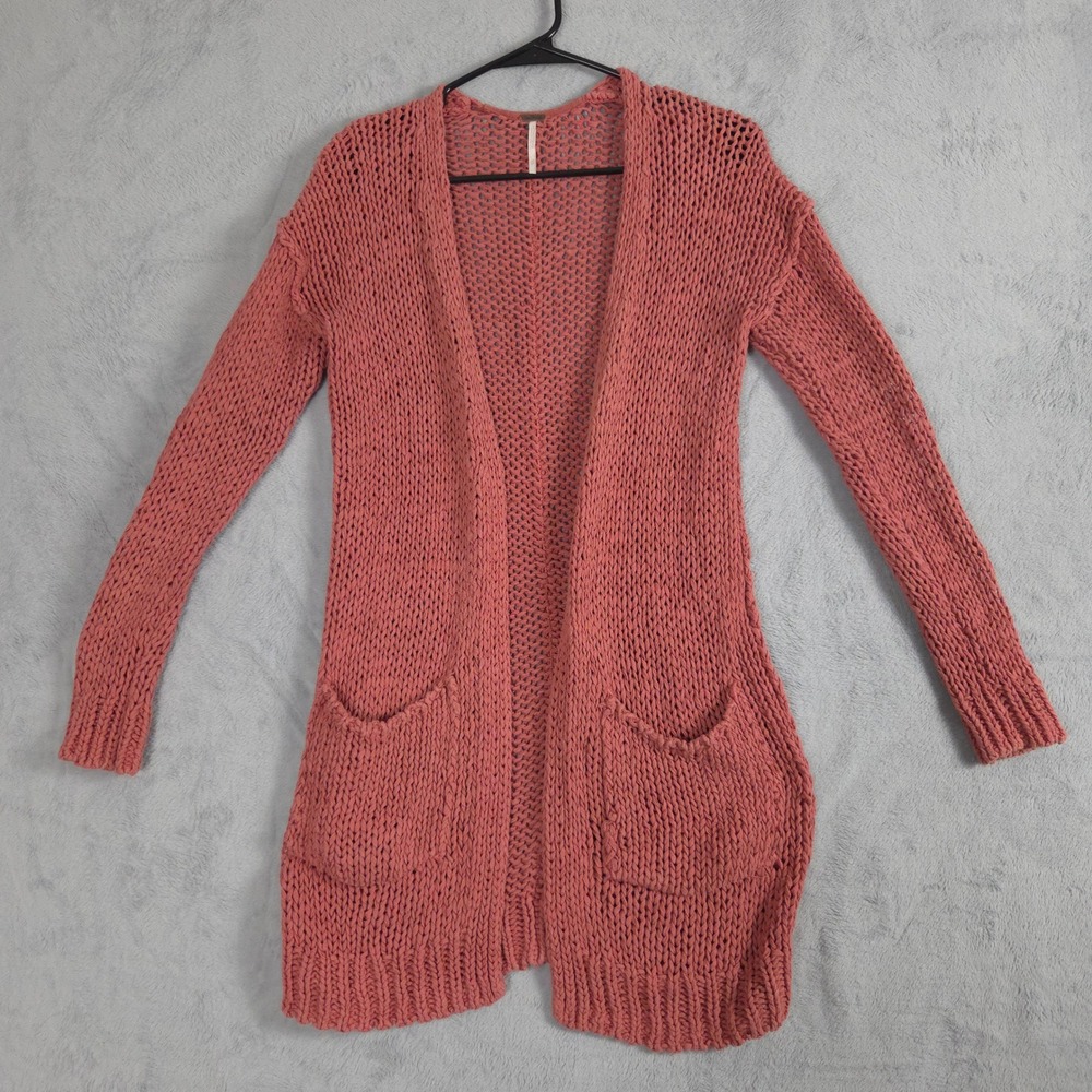 Free People Cardigan Women XS Pink Excellent Open Knit Longline Cotton Sweater
